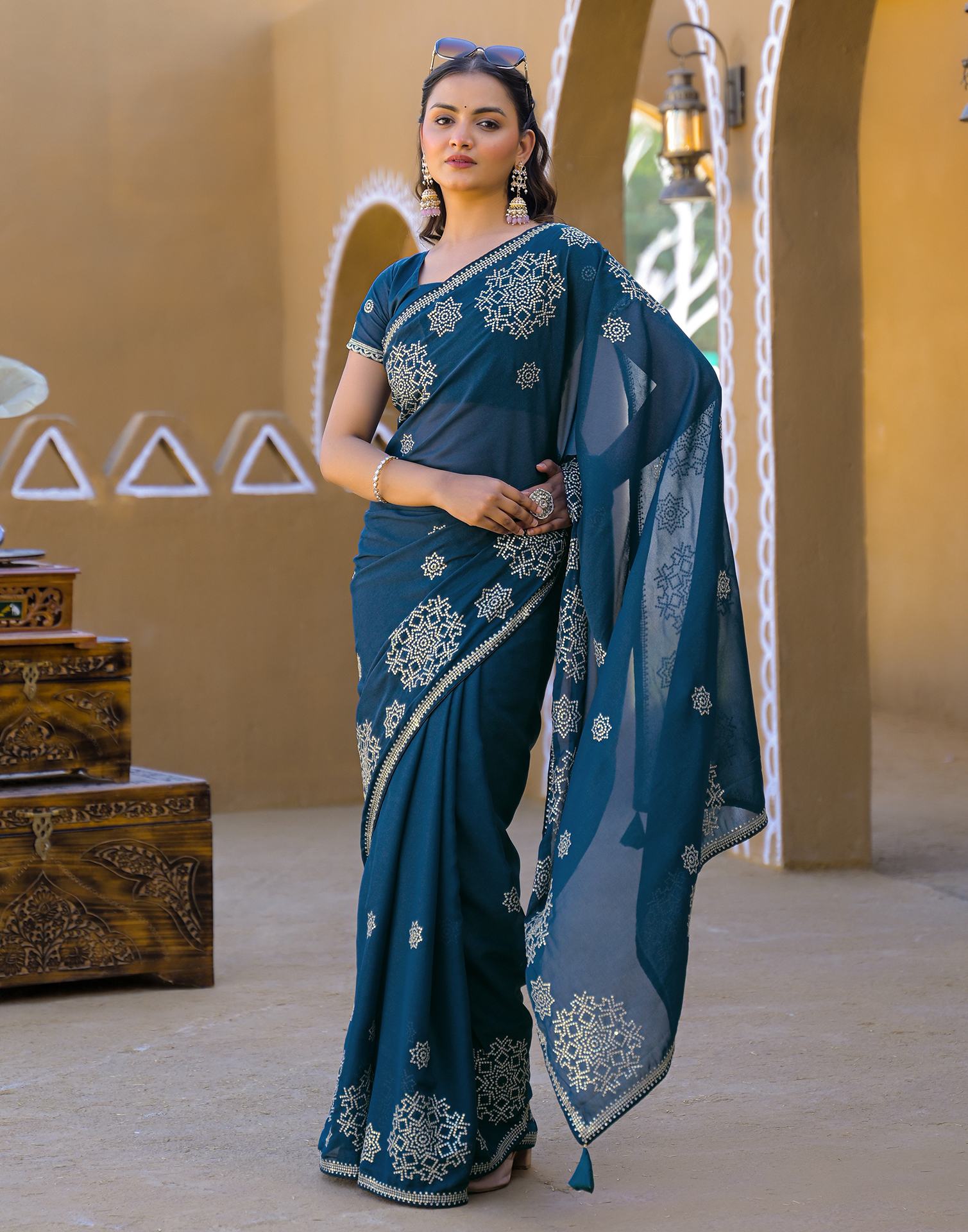 Rama Blue Shimmer Sequence Embroidery Saree