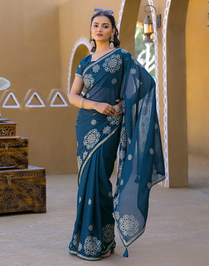 Rama Blue Shimmer Sequence Embroidery Saree