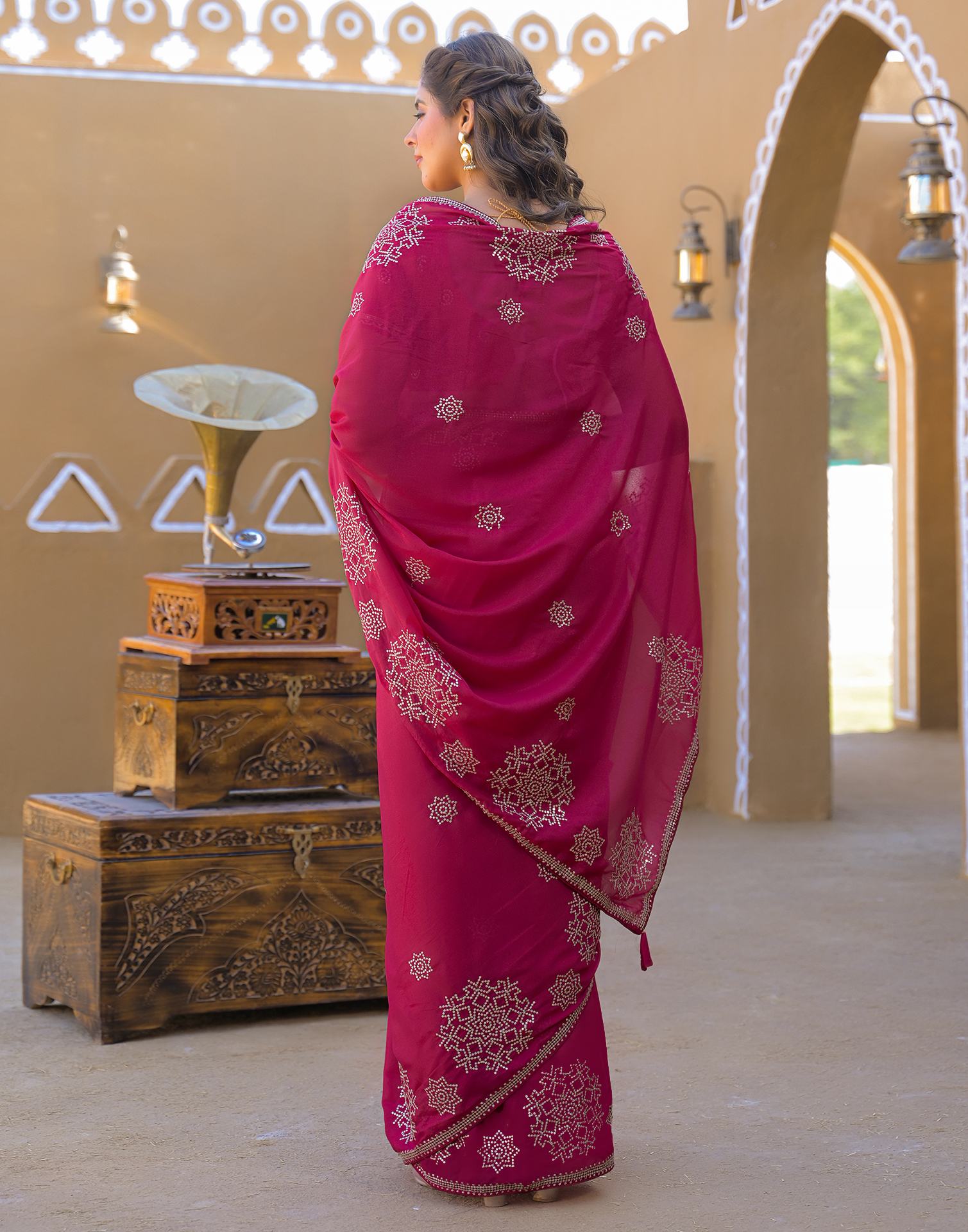 Rani Pink Shimmer Sequence Embroidery Saree
