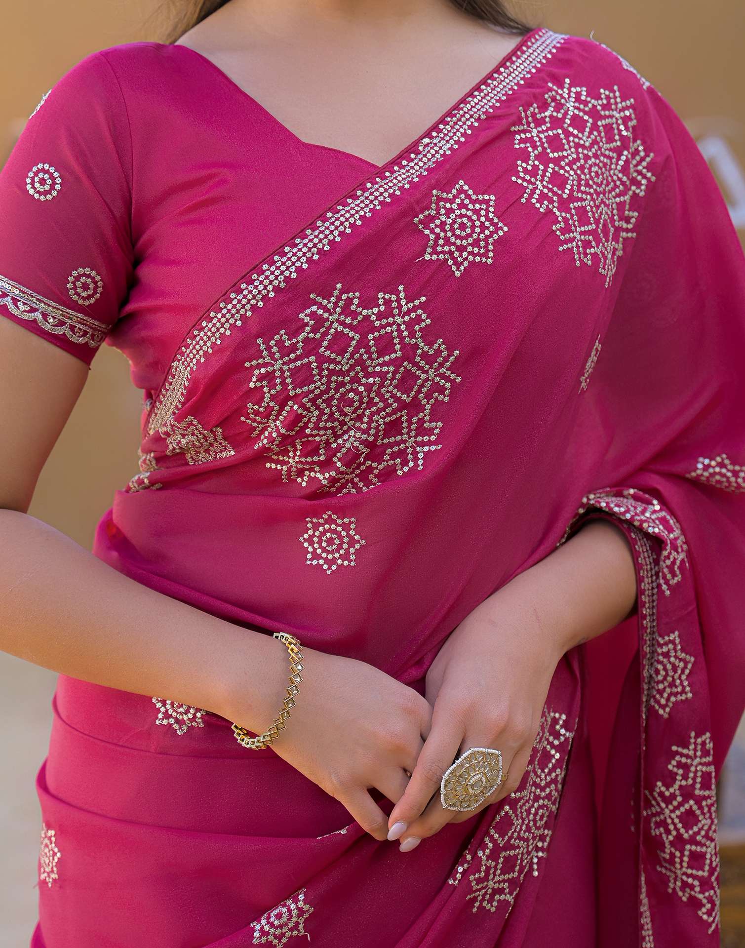 Rani Pink Shimmer Sequence Embroidery Saree
