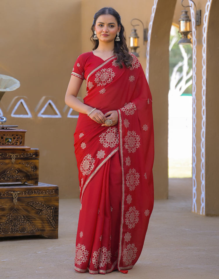 Red Shimmer Sequence Embroidery Saree
