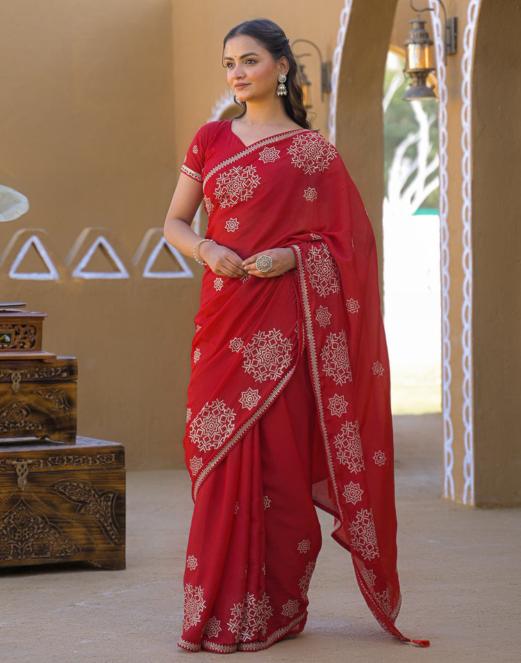 Red Shimmer Sequence Embroidery Saree