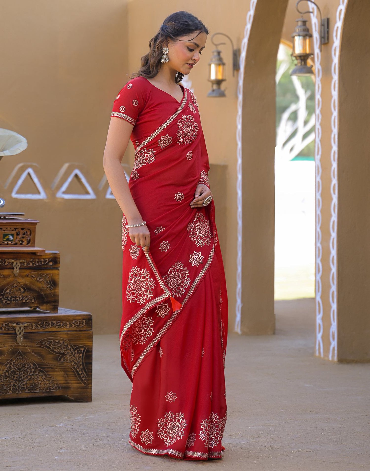 Red Shimmer Sequence Embroidery Saree
