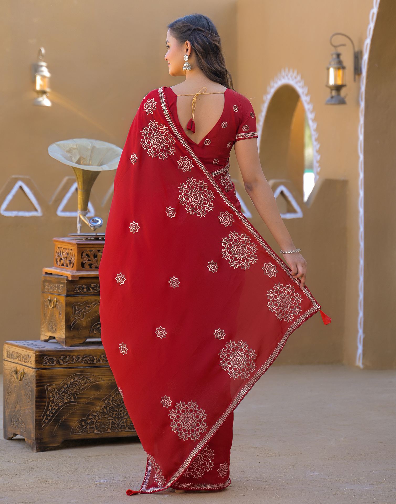 Red Shimmer Sequence Embroidery Saree