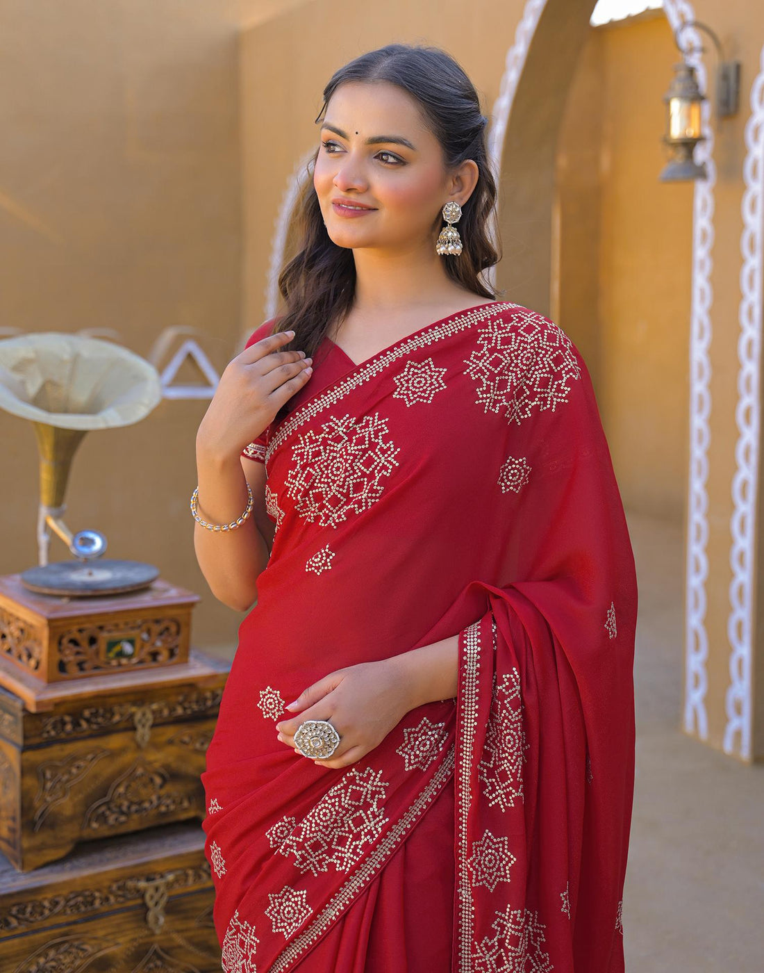 Red Shimmer Sequence Embroidery Saree