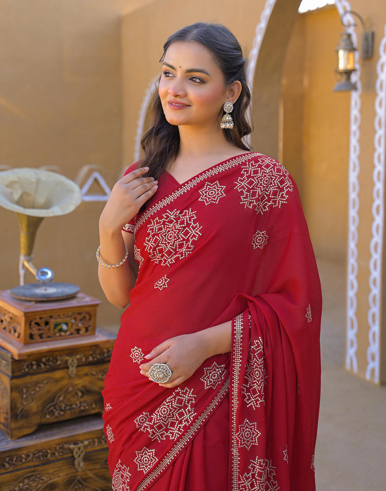 Red Shimmer Sequence Embroidery Saree