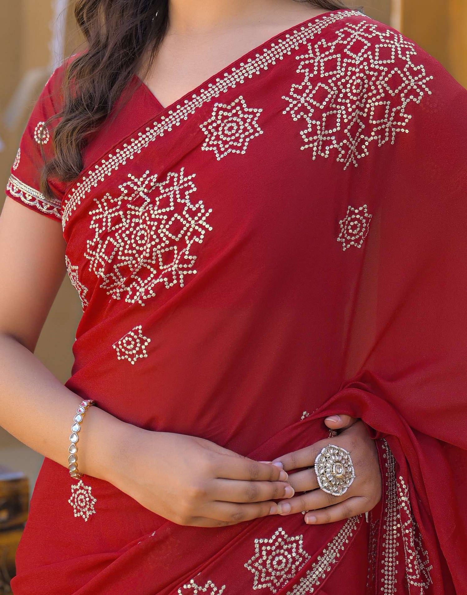 Red Shimmer Sequence Embroidery Saree