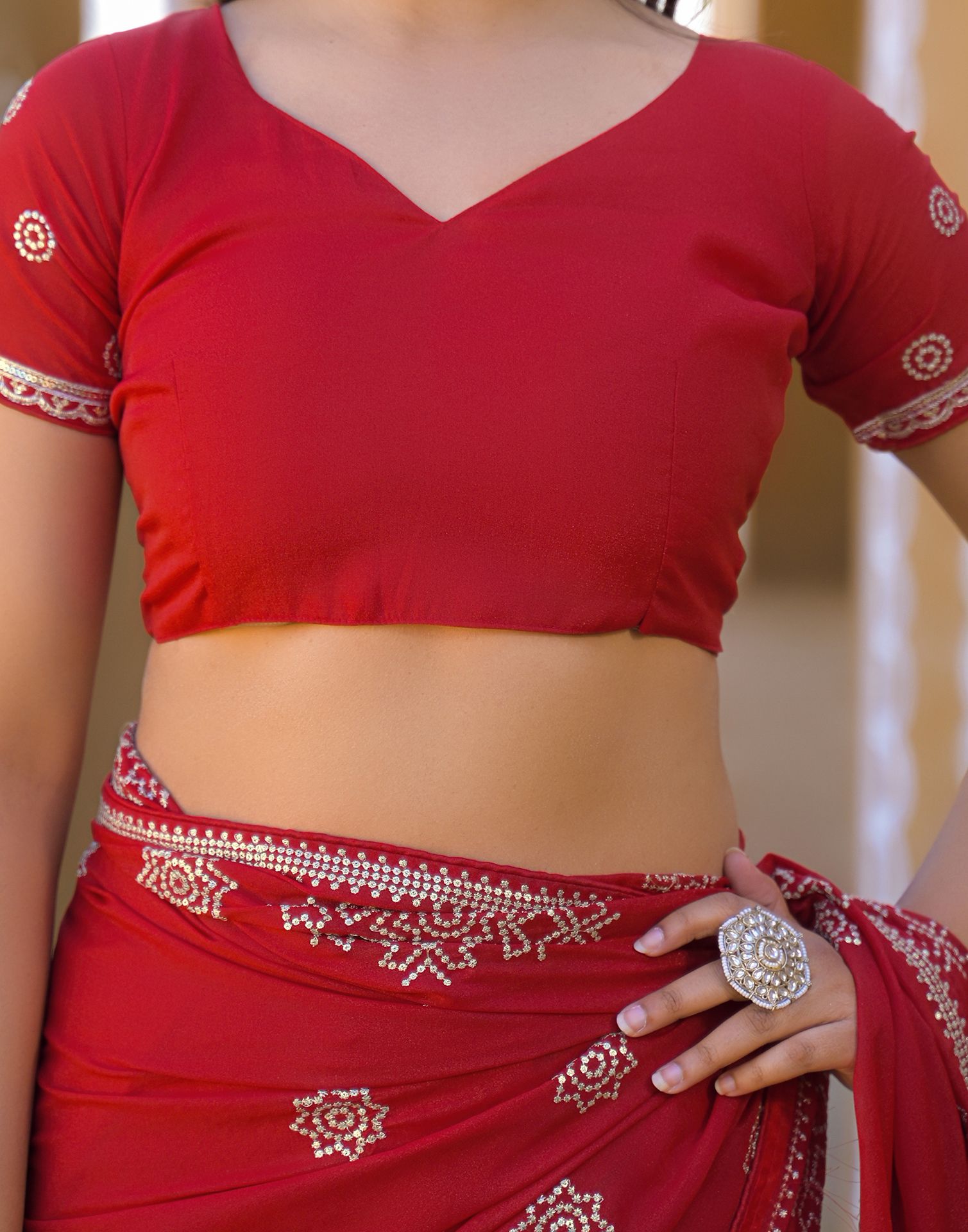 Red Shimmer Sequence Embroidery Saree