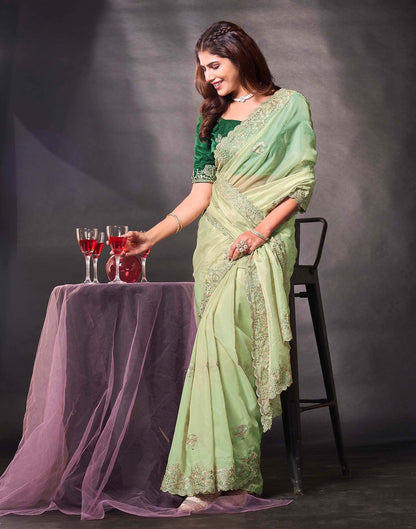 Pista Green Tissue Silk Embroidery Saree