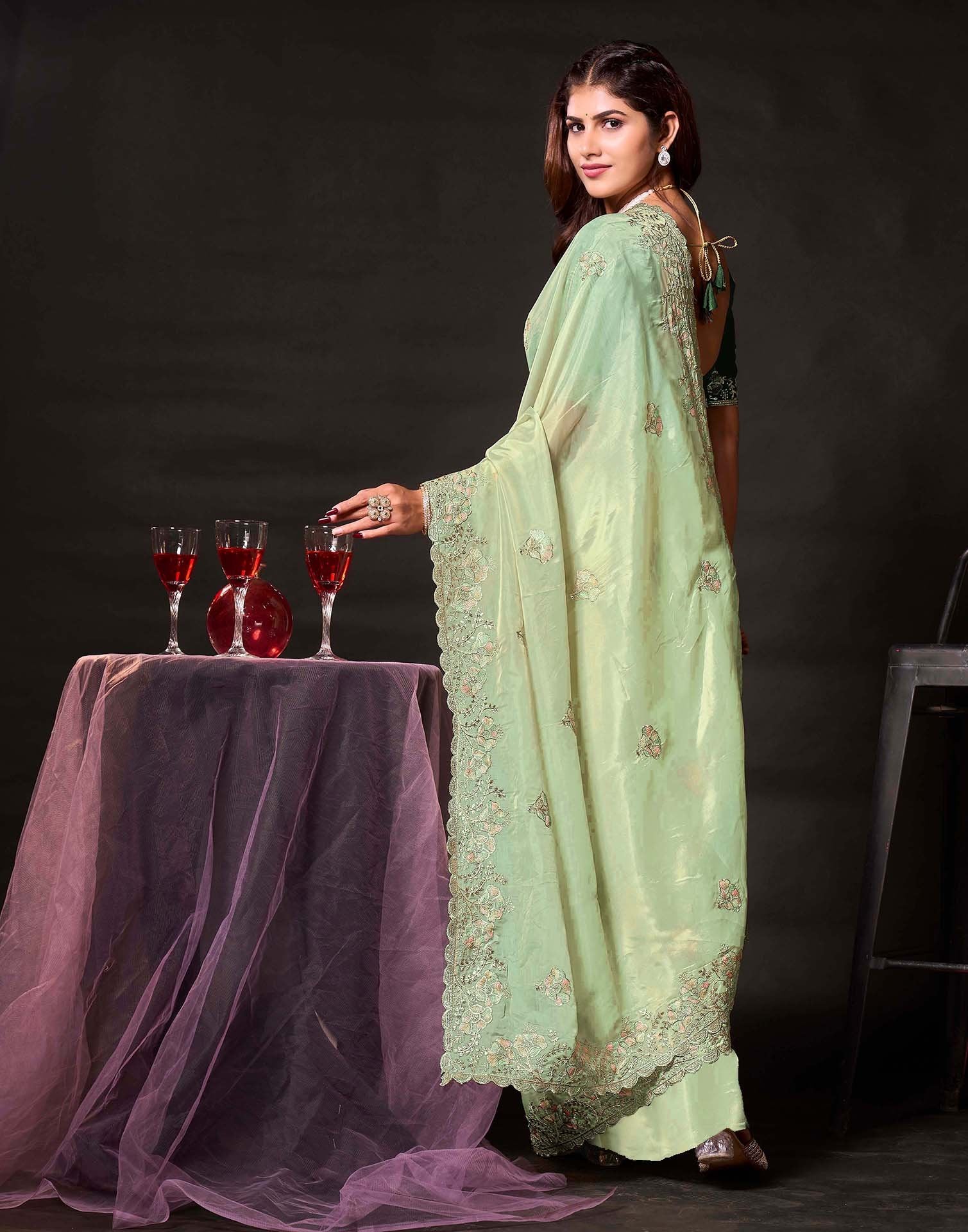 Pista Green Tissue Silk Embroidery Saree