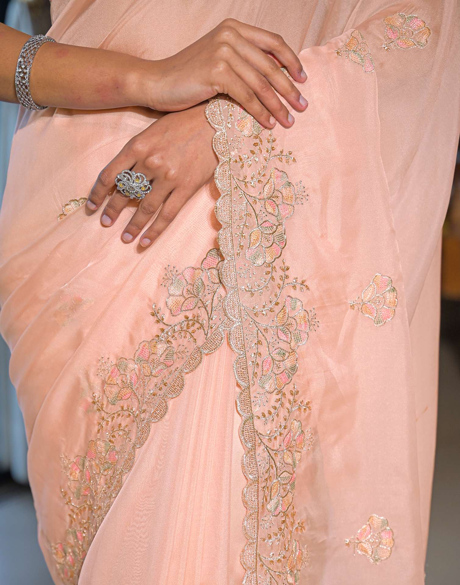 Light Peach Tissue Silk Embroidery Saree