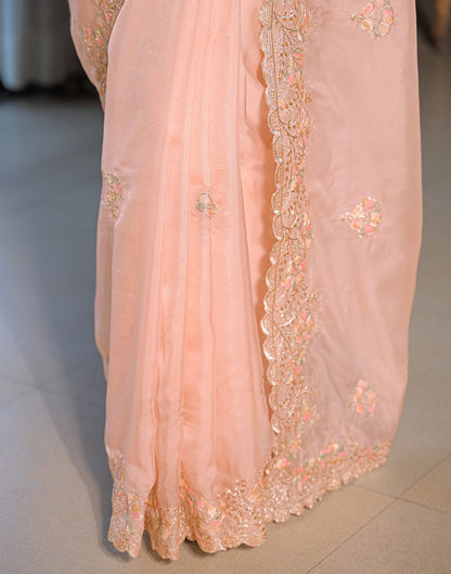 Light Peach Tissue Silk Embroidery Saree