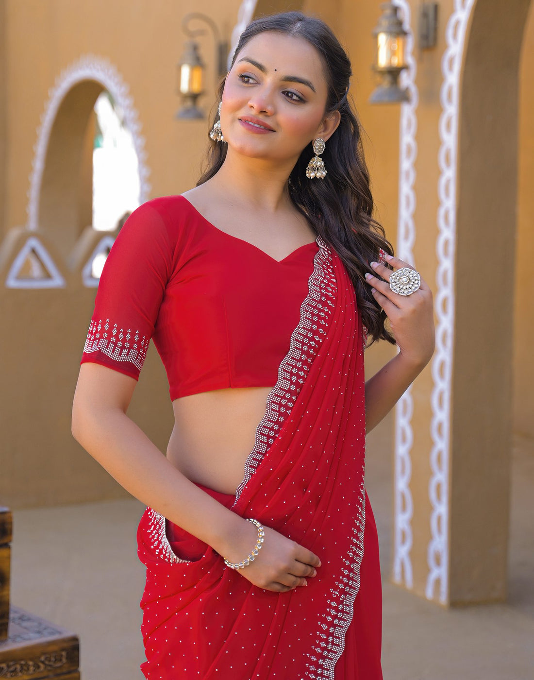Red Georgette Stone Work Swarovski Saree
