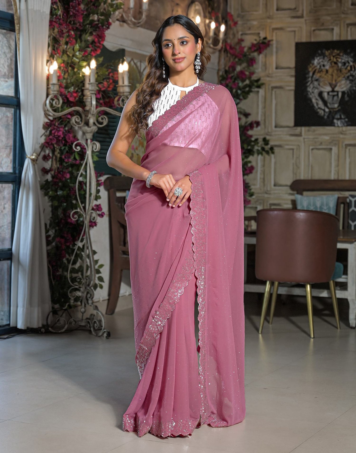 Dusty Pink Georgette Stone Work Swarovski Saree