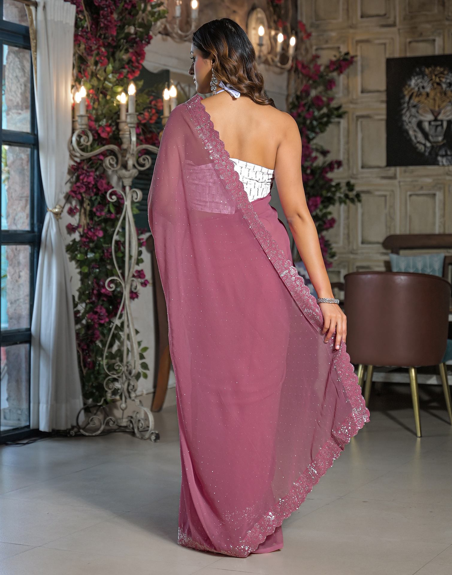 Dusty Pink Georgette Stone Work Swarovski Saree