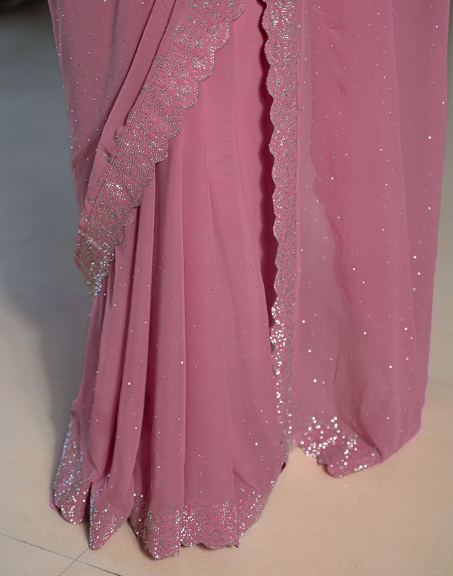 Dusty Pink Georgette Stone Work Swarovski Saree