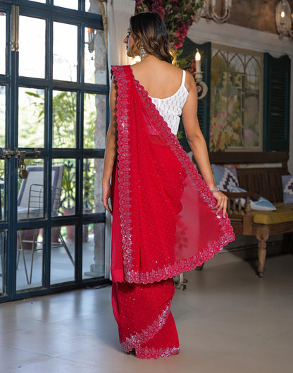 Red Georgette Stone Work Swarovski Saree