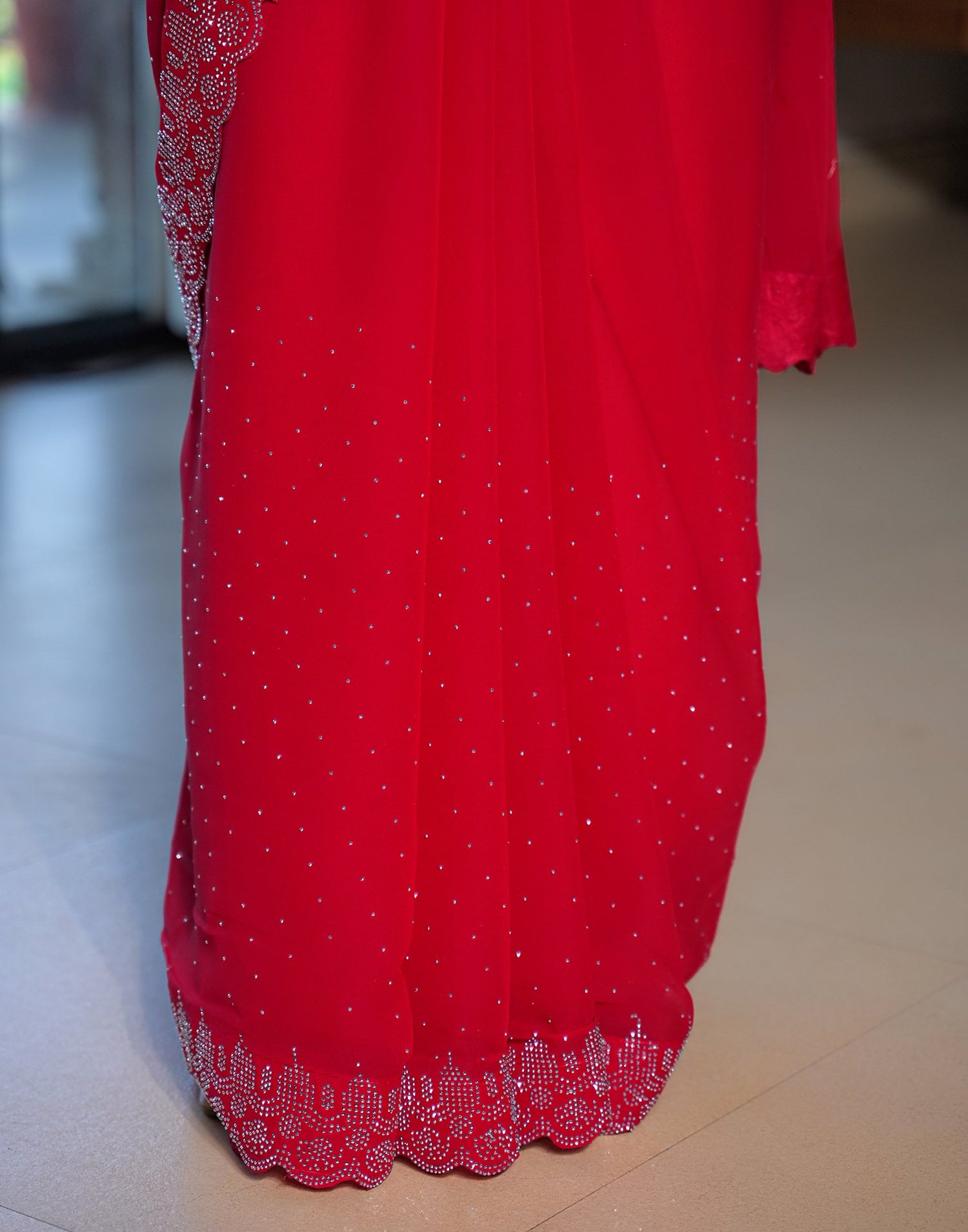 Red Georgette Stone Work Swarovski Saree