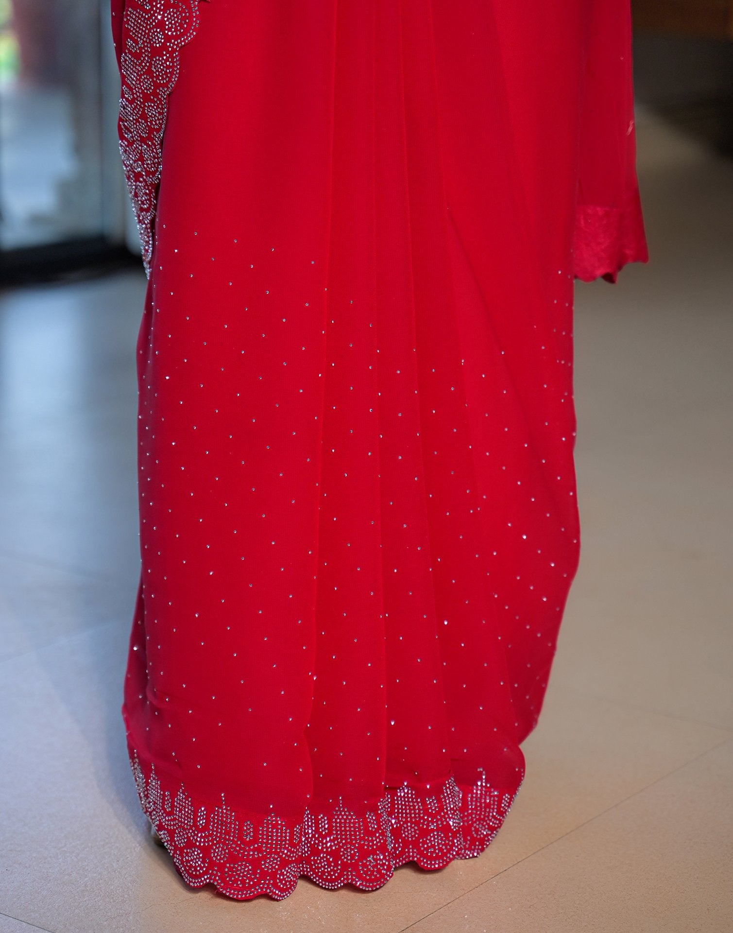 Red Georgette Stone Work Swarovski Saree