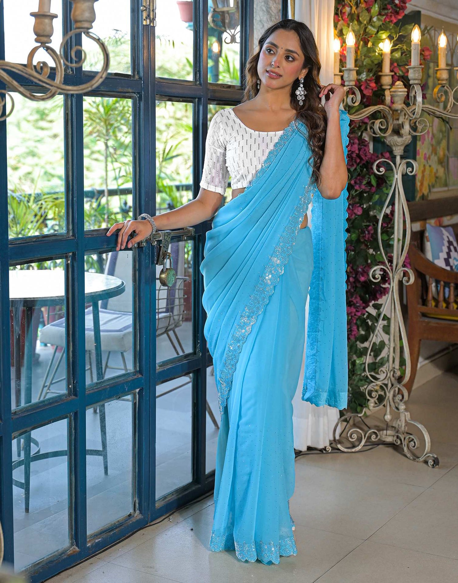 Sky Blue Georgette Stone Work Swarovski Saree