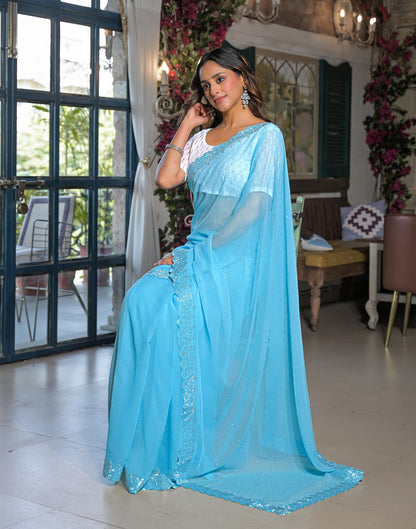 Sky Blue Georgette Stone Work Swarovski Saree