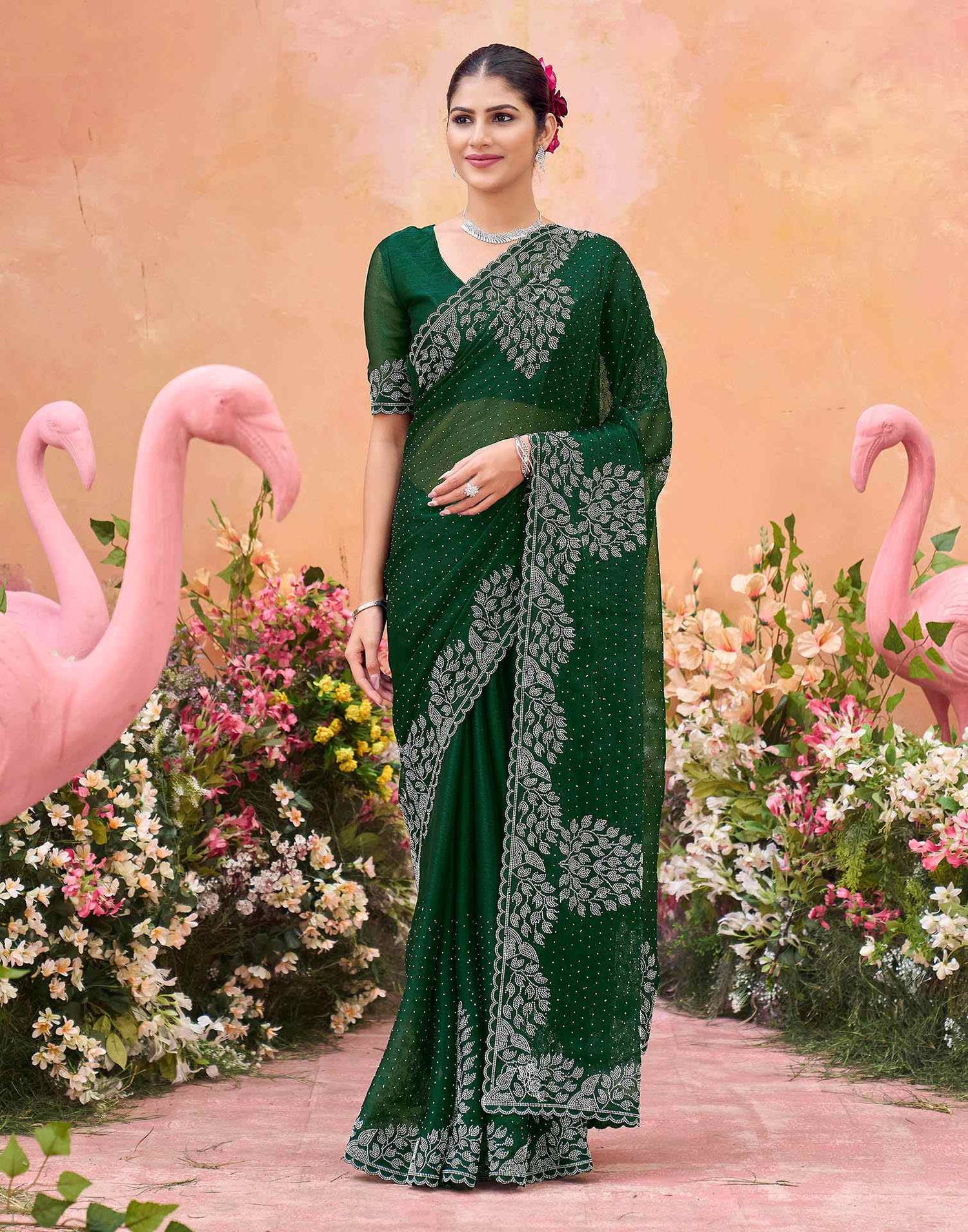 Dark Green Shimmer Stone Work Swarovski Saree