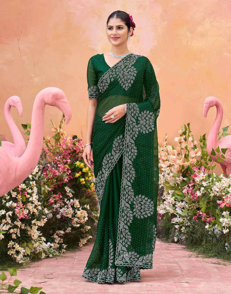 Dark Green Shimmer Stone Work Swarovski Saree