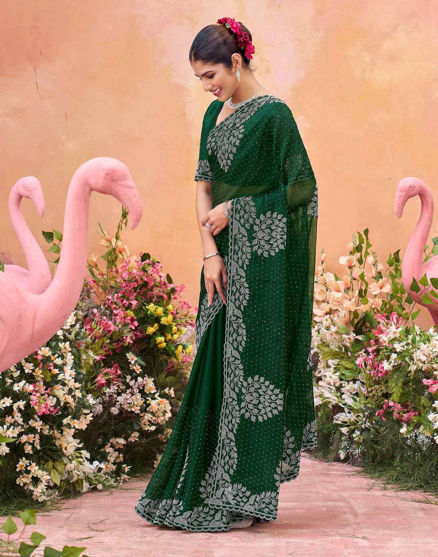 Dark Green Shimmer Stone Work Swarovski Saree