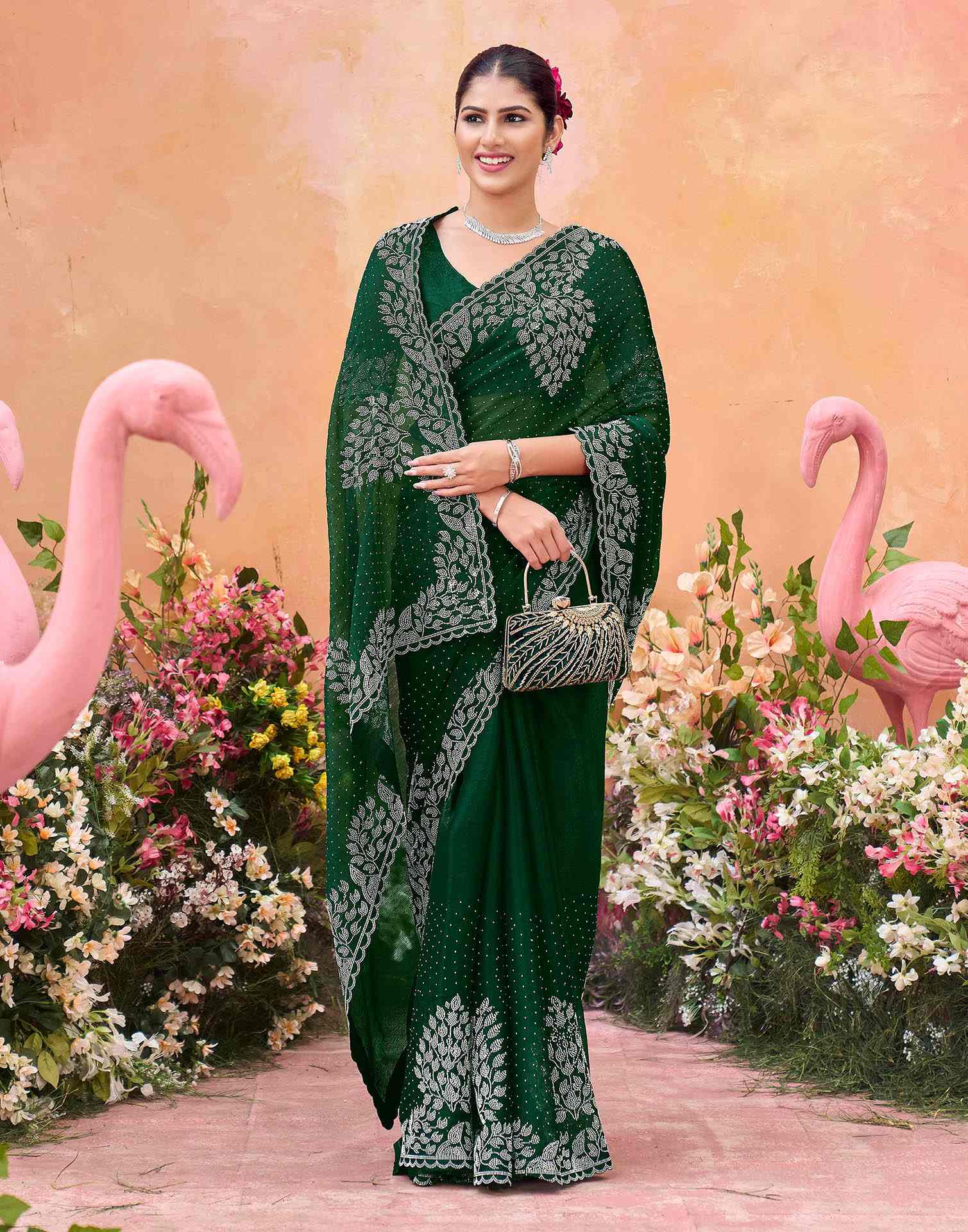 Dark Green Shimmer Stone Work Swarovski Saree