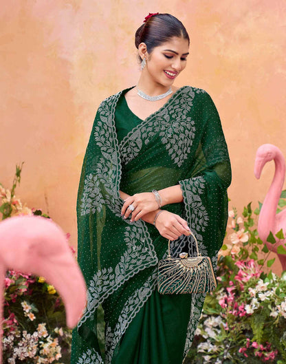 Dark Green Shimmer Stone Work Swarovski Saree