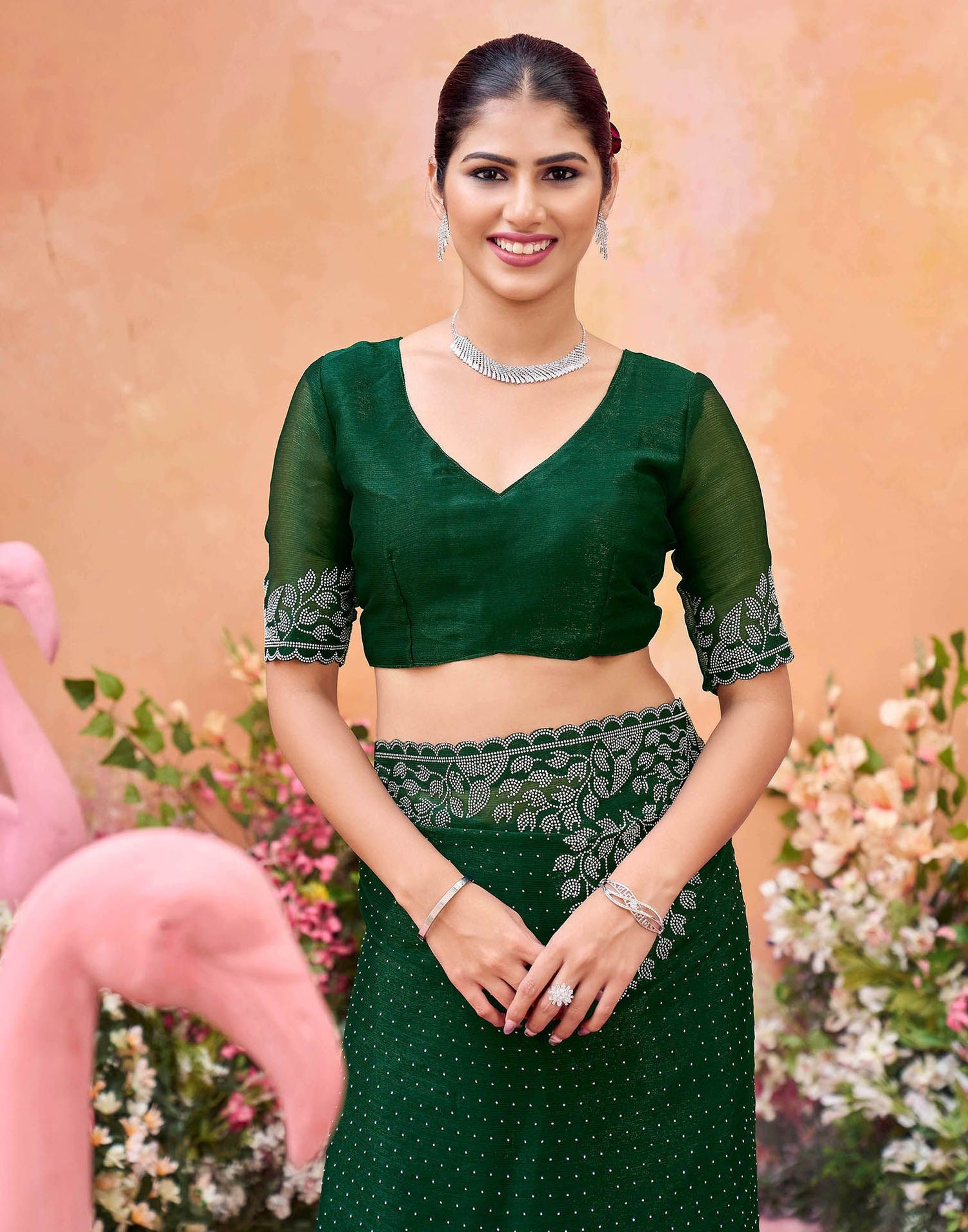 Dark Green Shimmer Stone Work Swarovski Saree