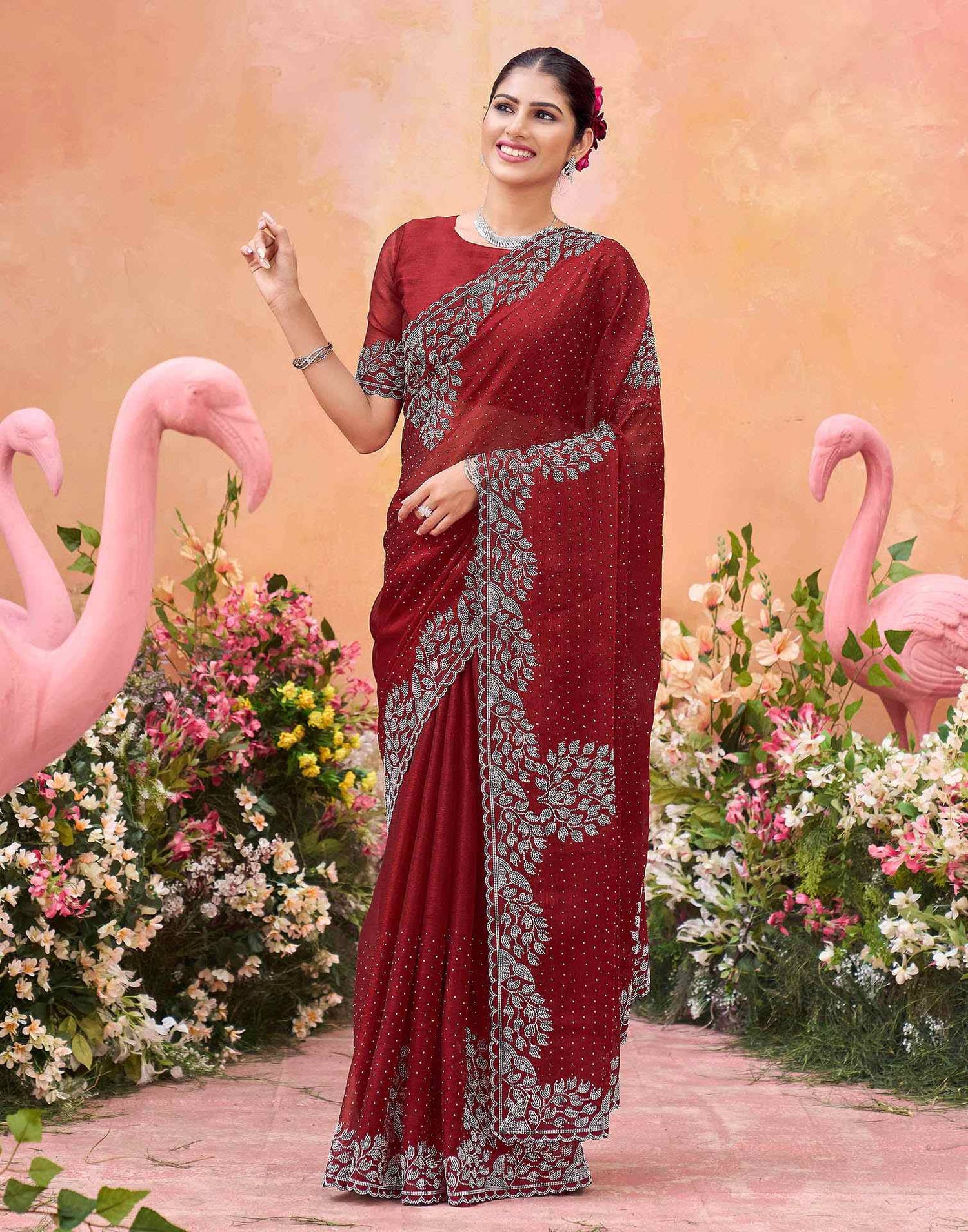 Maroon Shimmer Stone Work Swarovski Saree