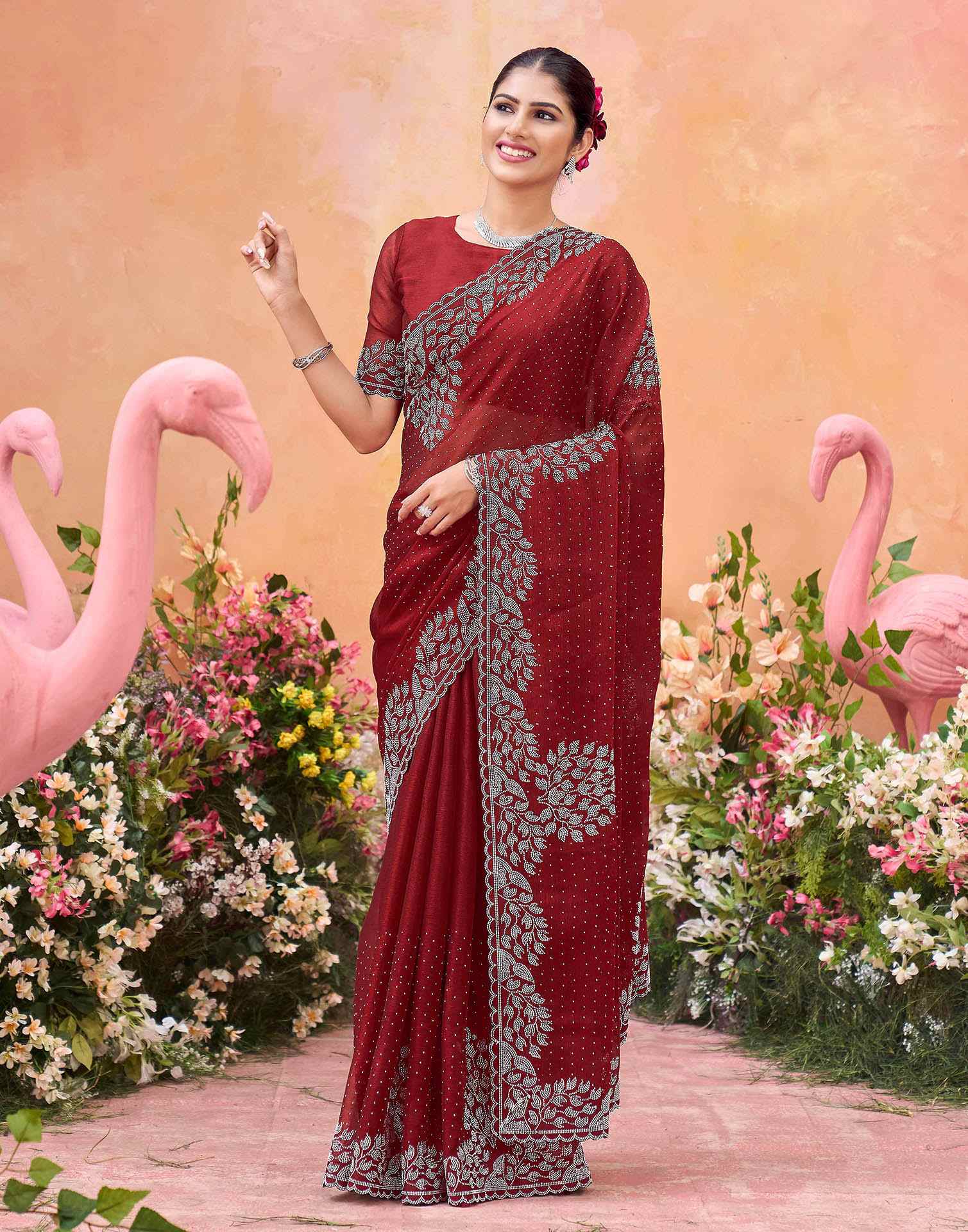 Maroon Shimmer Stone Work Swarovski Saree
