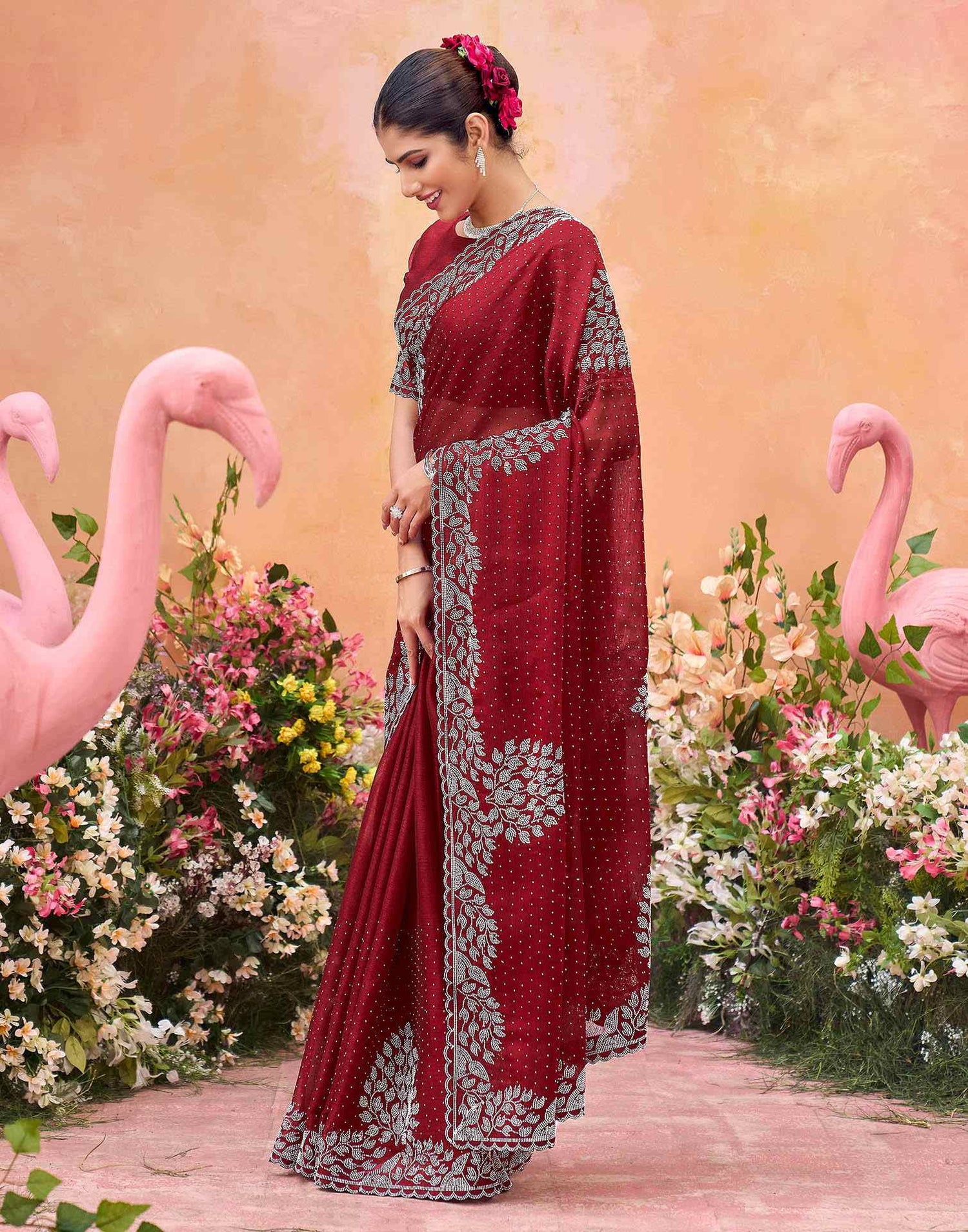 Maroon Shimmer Stone Work Swarovski Saree