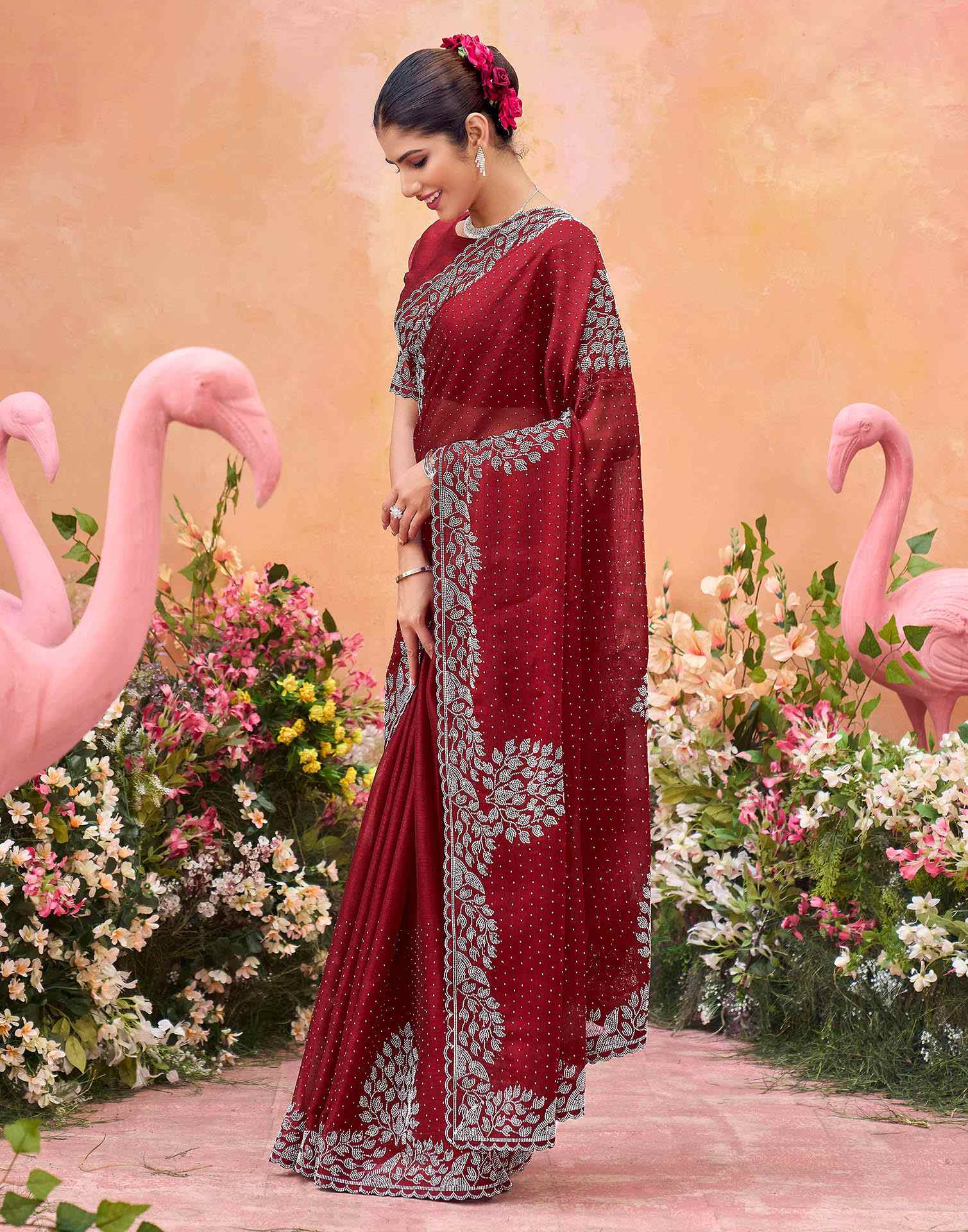 Maroon Shimmer Stone Work Swarovski Saree