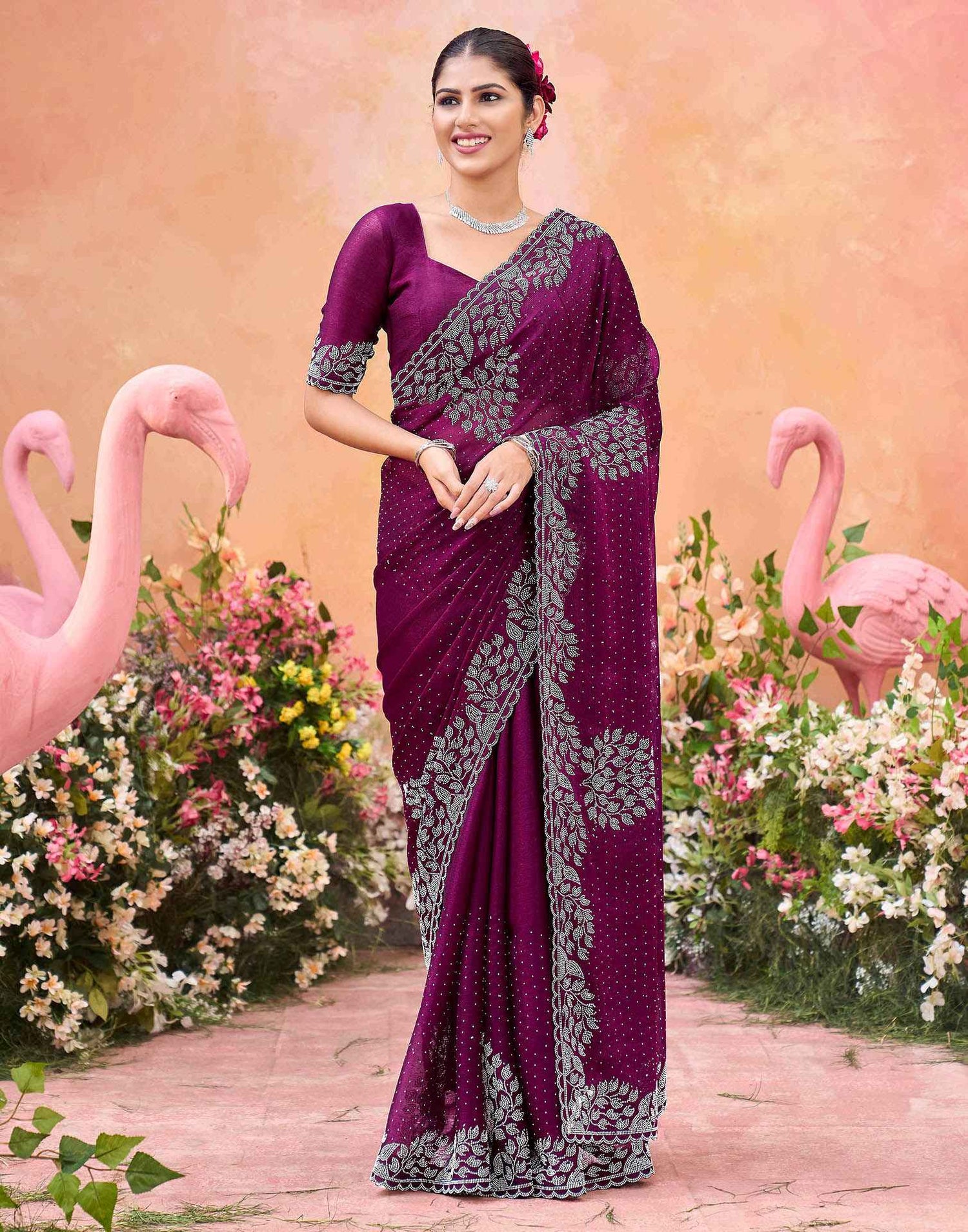 Purple Shimmer Stone Work Swarovski Saree