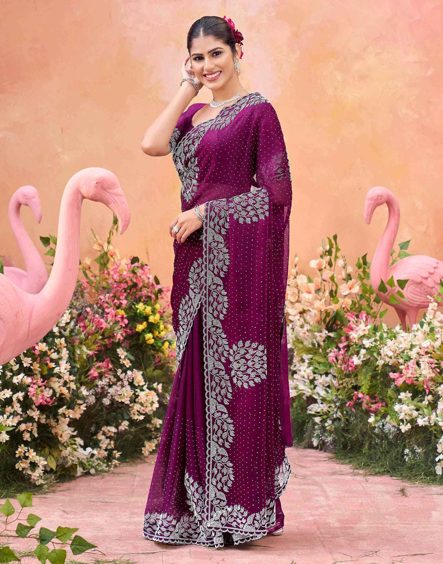 Purple Shimmer Stone Work Swarovski Saree