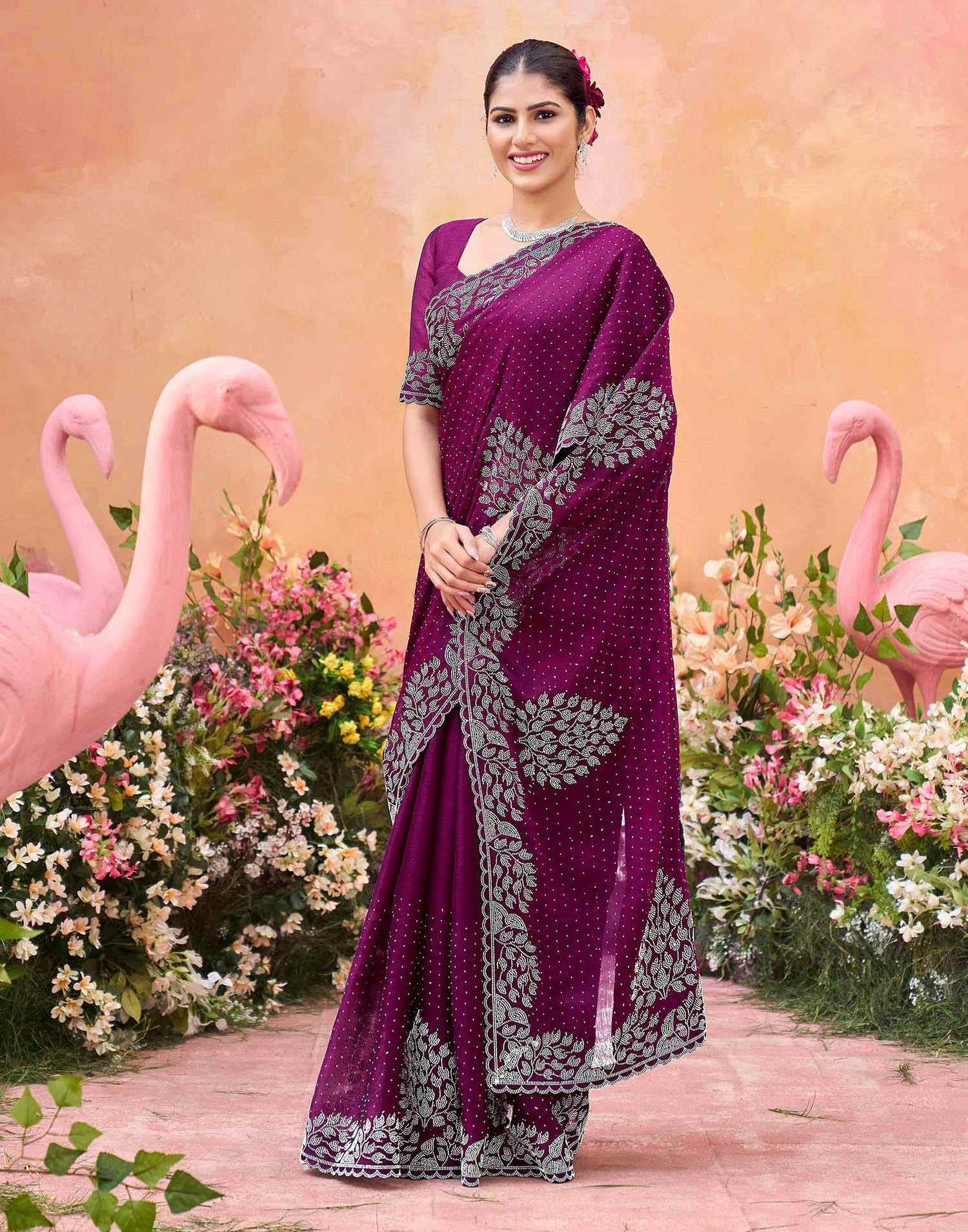 Purple Shimmer Stone Work Swarovski Saree