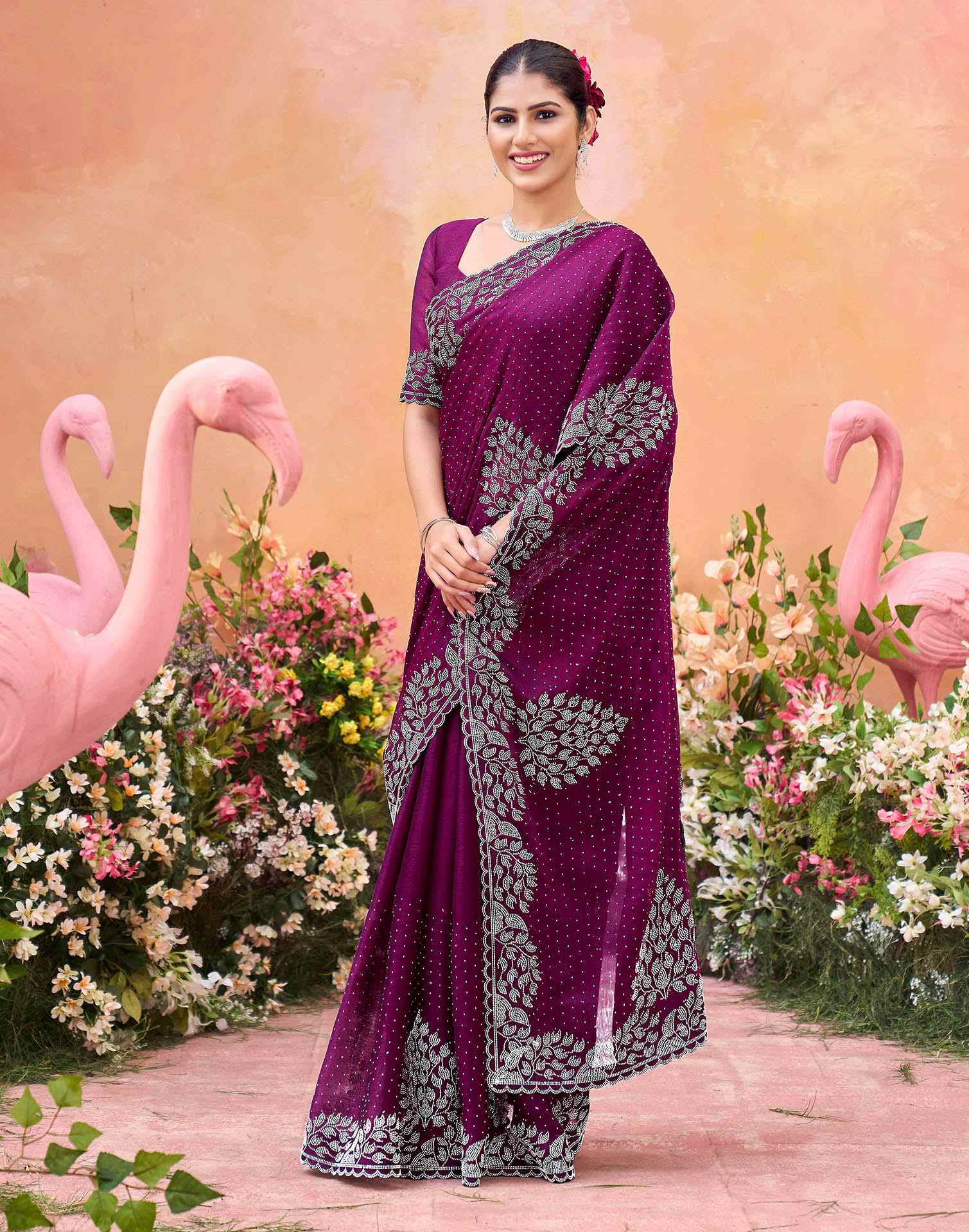 Purple Shimmer Stone Work Swarovski Saree