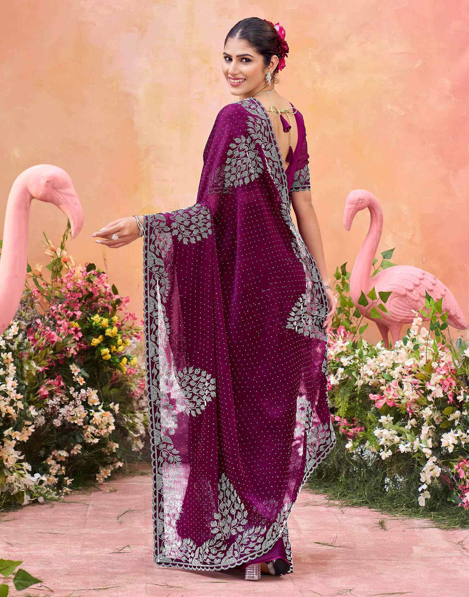 Purple Shimmer Stone Work Swarovski Saree