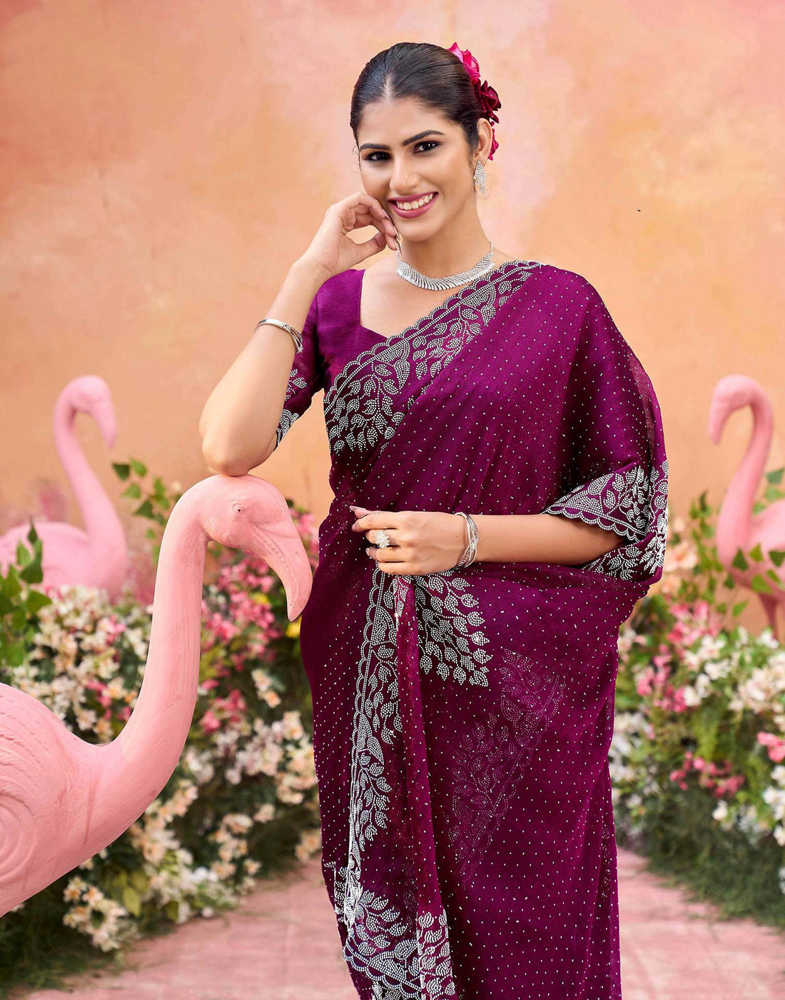 Purple Shimmer Stone Work Swarovski Saree