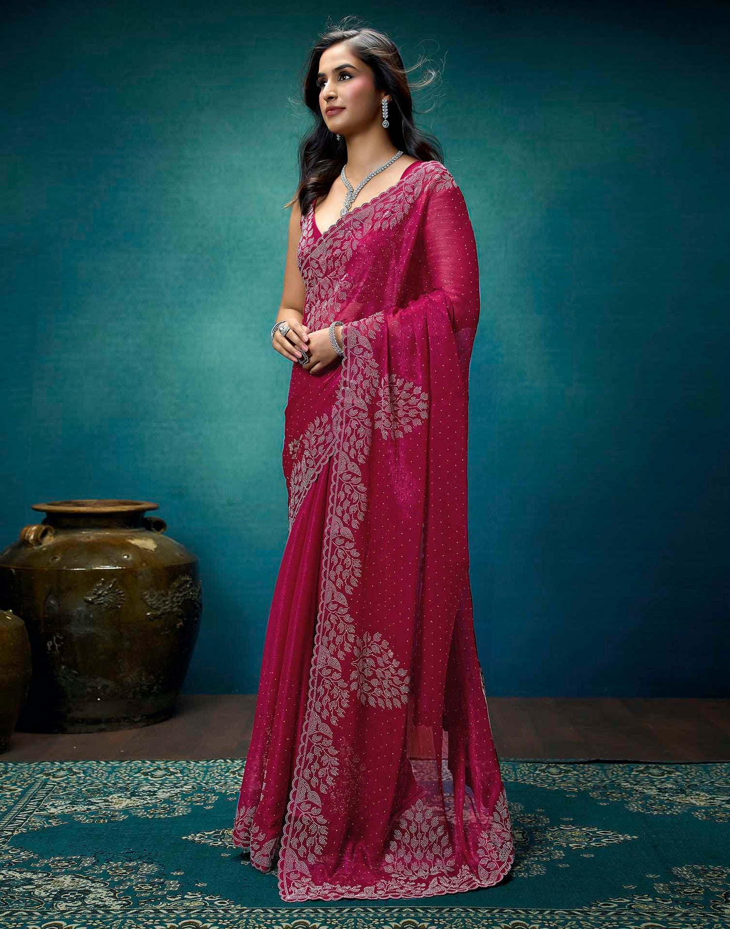 Rani Pink Shimmer Stone Work Swarovski Saree