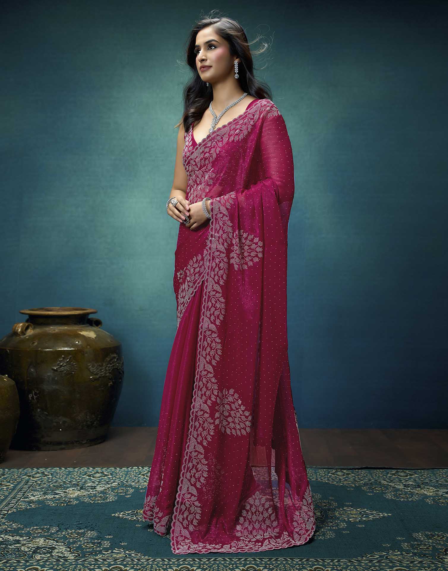 Rani Pink Shimmer Stone Work Swarovski Saree