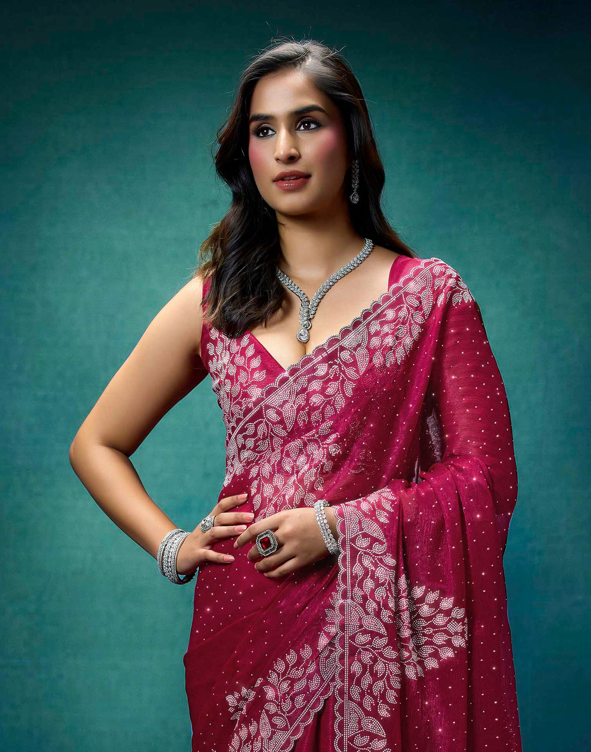 Rani Pink Shimmer Stone Work Swarovski Saree