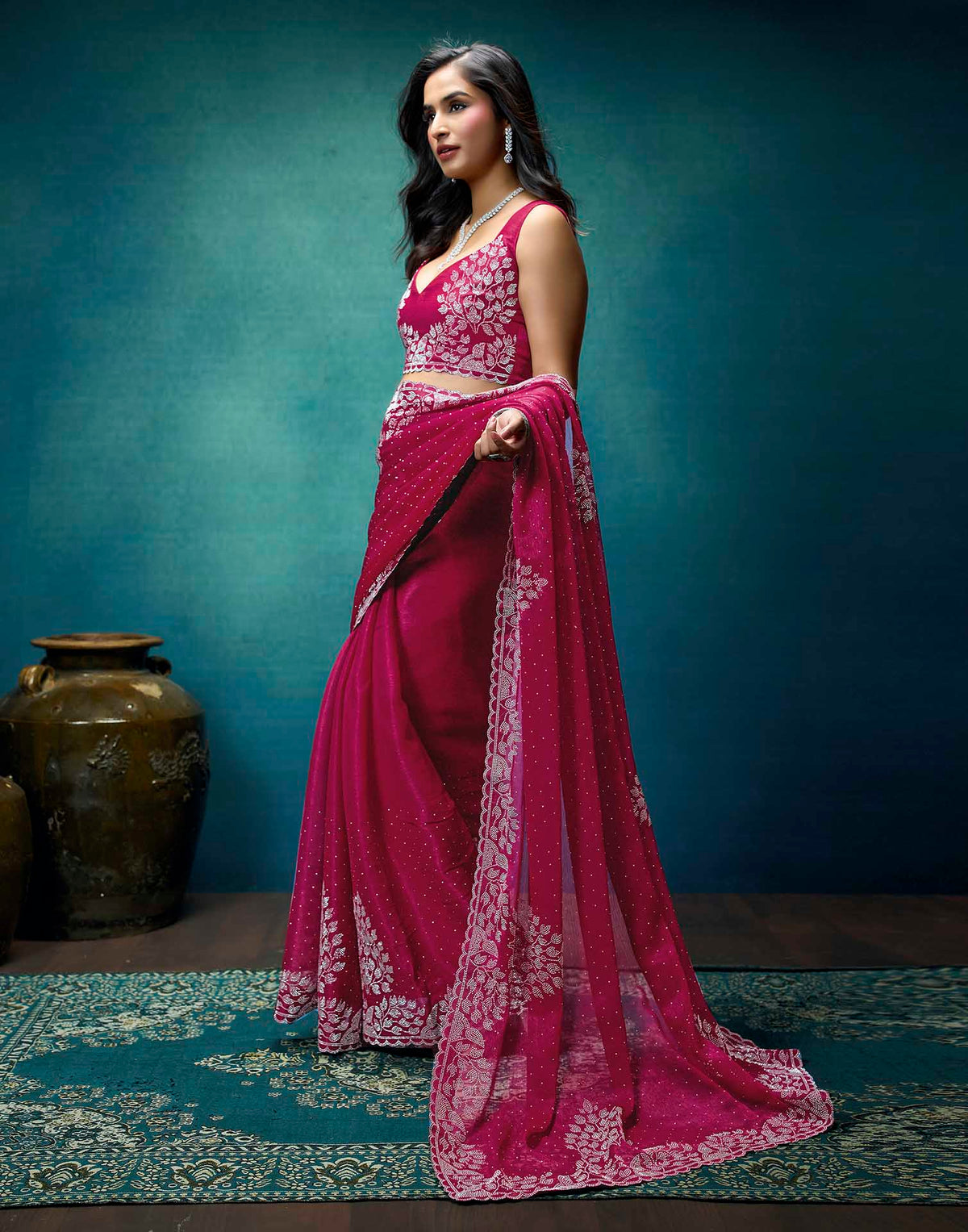 Rani Pink Shimmer Stone Work Swarovski Saree