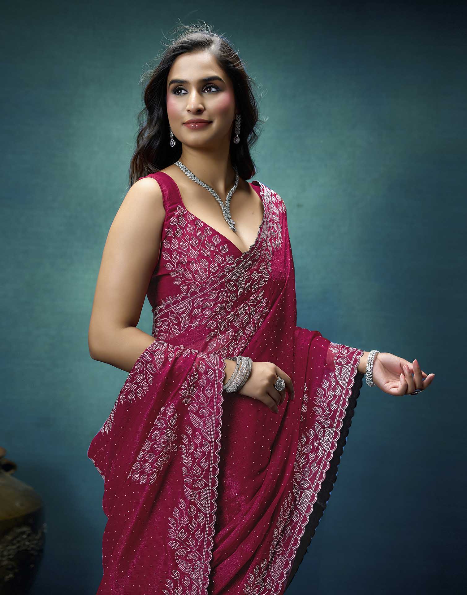 Rani Pink Shimmer Stone Work Swarovski Saree