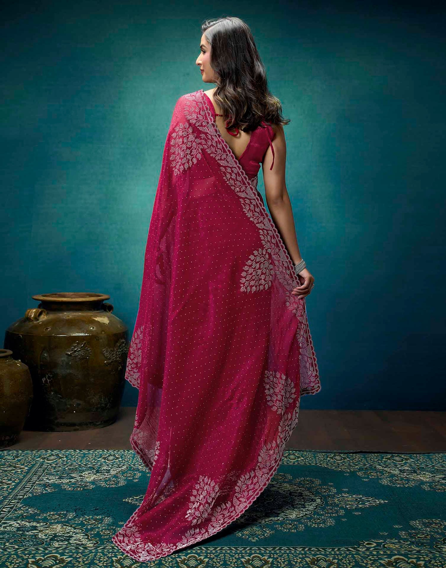 Rani Pink Shimmer Stone Work Swarovski Saree
