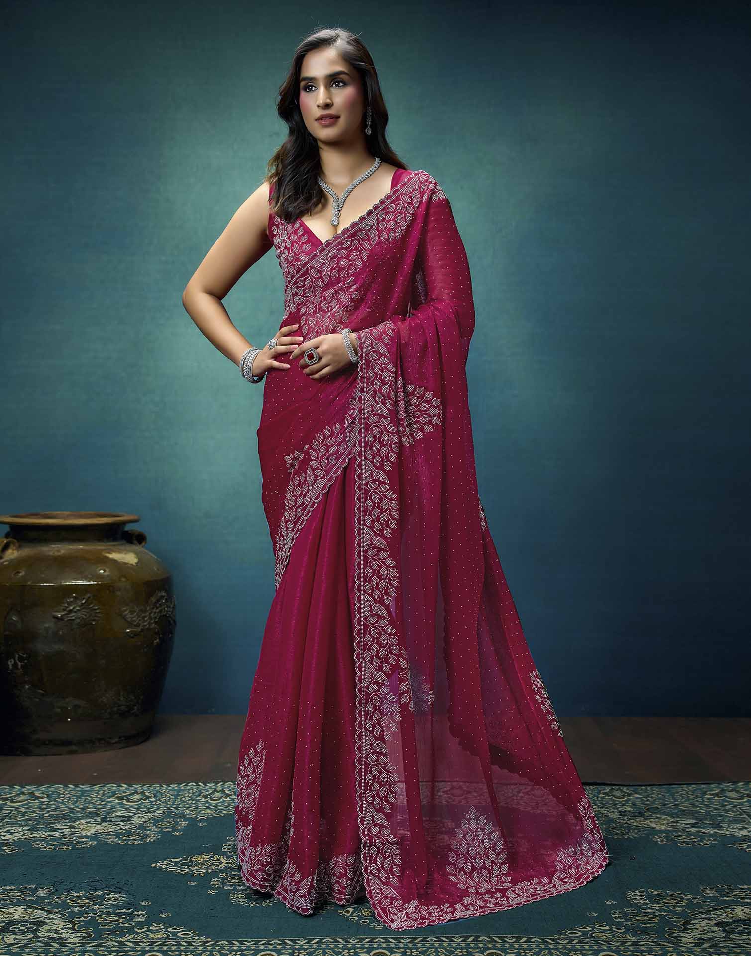 Rani Pink Shimmer Stone Work Swarovski Saree