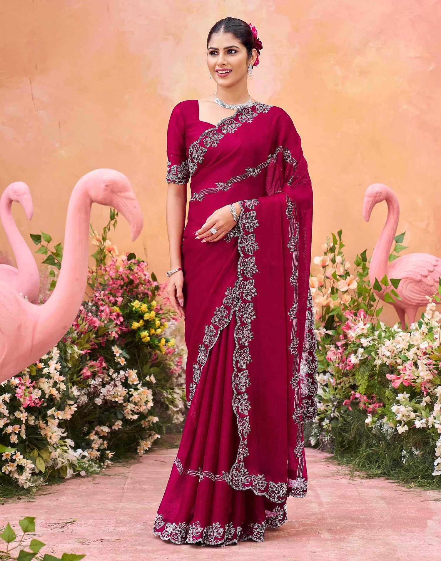 Dark Rani Pink Shimmer Stone Work Embellished Saree
