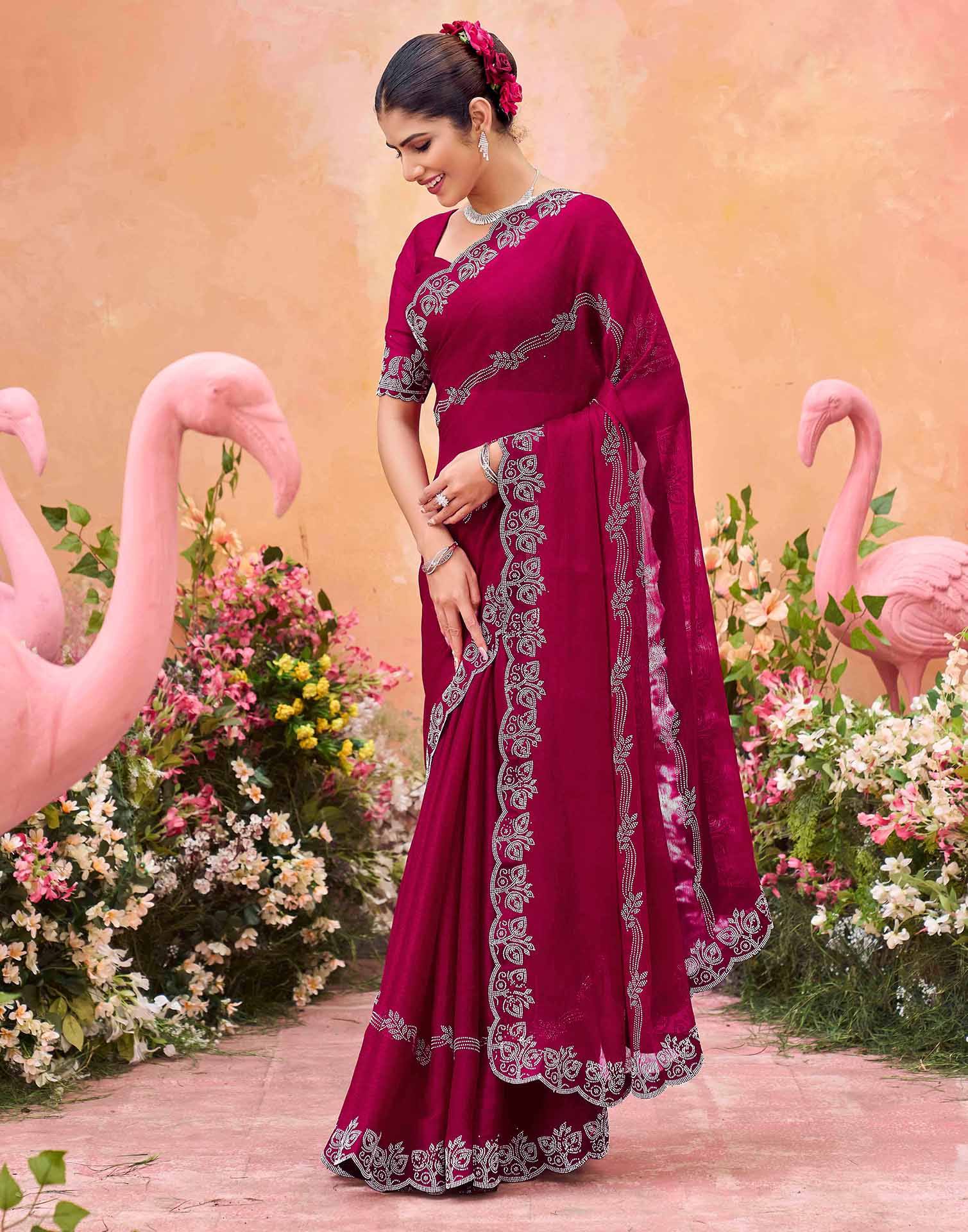 Dark Rani Pink Shimmer Stone Work Embellished Saree